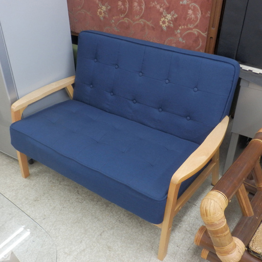 PayPay対応 2人掛け ソファ 木製アーム ファブリック 青 ネイビー 札幌市西区西野