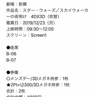 スター・ウォーズ /スカイウォーカーの夜明け　映画チケット
