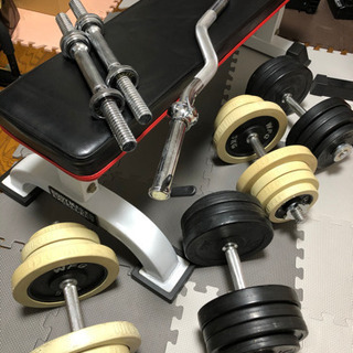 ラバーダンベル約100kg、フラットベンチ、wバー（値下げ交渉可能）