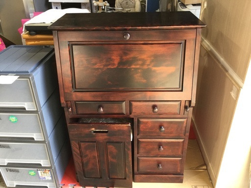 【レトロ】木目調収納式ドレッサー&イス