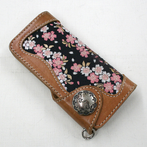 KAZAN 花山 長財布 ロングウォレット 本革 ストラップ付 京桜・タン ブラウン×ブラック W-9AK レザー 和柄 ☆ PayP