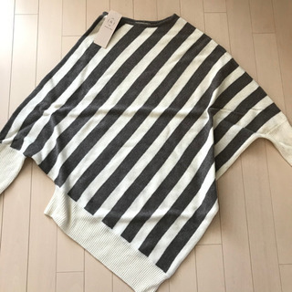 新品☆SM2サマンサモスモスボーイッシュ 変形ニットプルオーバー ベージュ系ボーダー フリーサイズの画像