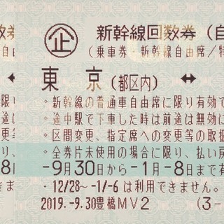 1/7〜1/8使用可能 豊橋ー東京 新幹線自由席回数券２枚