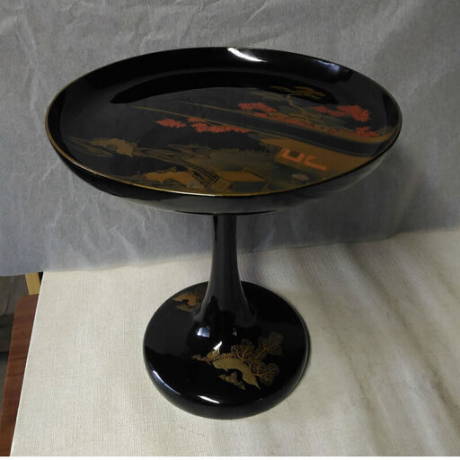 c502 漆塗 菓子器 高杯 高脚 菓子盆 茶道具 裏梨地 高蒔絵 木箱入り