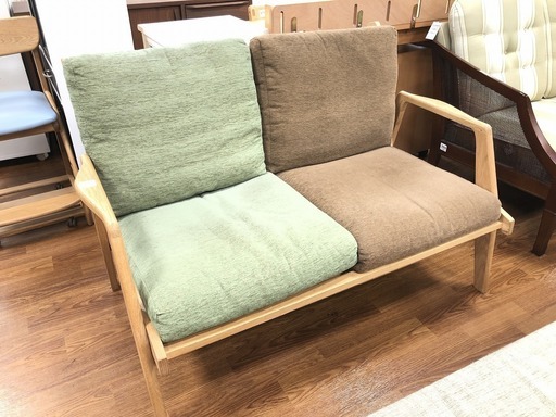 【トレファク府中店】グリーン×ブラウン 2人がけソファー