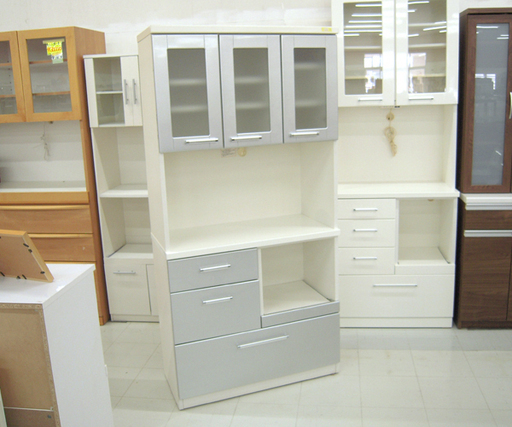 レンジボード 幅88.5×奥行42×高さ180.5cm 食器棚 キッチン家具 シルバー☓ホワイト 上下セパレート 苫小牧西店