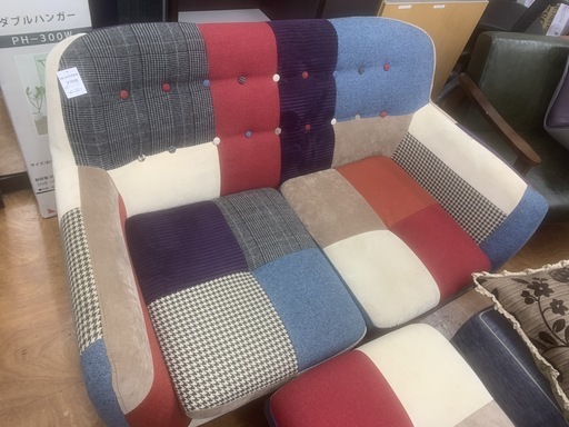 2人掛けソファ パッチワーク オットマンつき