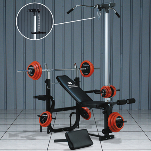 ベンチ、ダンベル、バーベル、ケーブルプルダウン、プレート合計90kg