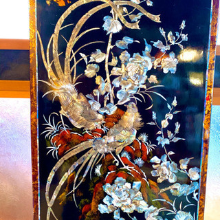 大幅値引き！鳥花草紋 青貝螺鈿壁掛け 黒漆塗 尾長鶏