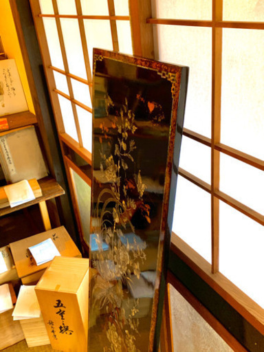 大幅値引き！鳥花草紋　青貝螺鈿壁掛け　黒漆塗　尾長鶏