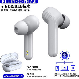 【新品未使用】ワイヤレスイヤホン Bluetooth5.0 EDR/BLE技術搭載 Hi-Fi高音質 21時間音楽再生 自動ペアリング カナル型 左右分離型 生活防水 タッチセンサー 超軽量4.0g マイク付き iPhone/iPad/Android対応 (ホワイト)の画像