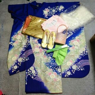 モダン振袖　深青地辻が花　4点セット最終値下げの画像