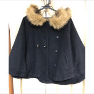 ポンチョコート　紺ネイビー　スナップボタン　フェイクファー　ペー...