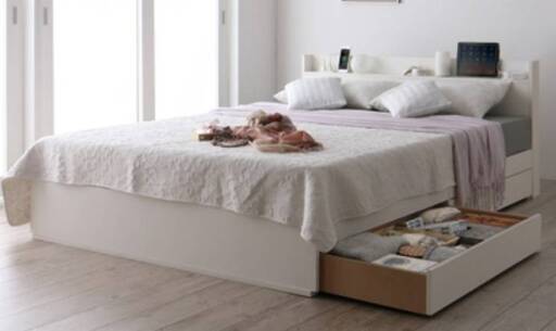 マットレス付き【未使用・訳アリ】シングル・スリムタイプ・棚２杯収納・２口コンセント×２・ホワイト・12034