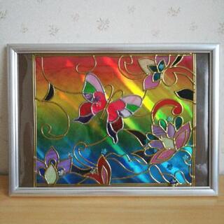 グラスアート　額入りの蝶と花