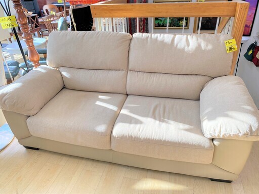 二人掛けワイドソファー レザー×布　ベージュ★買取帝国 朝霞店
