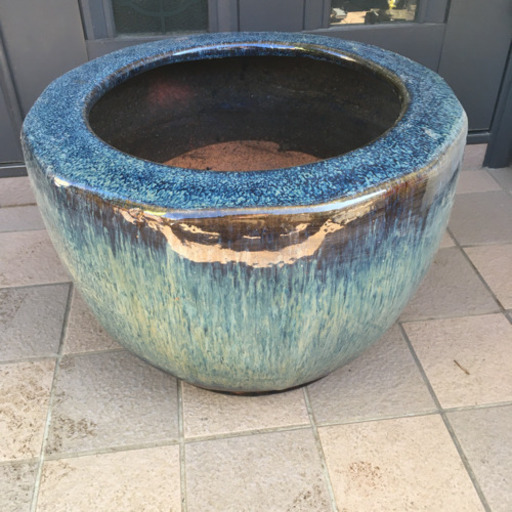 火鉢 青系 陶器 12角 昭和レトロ インテリア 鉢 囲炉裏 花器 煎茶道具