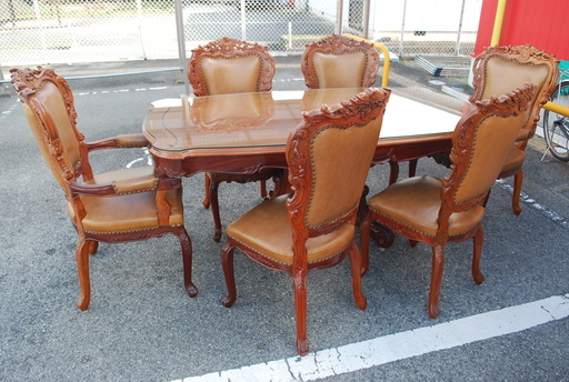 中古　アンティーク風　6人掛ダイニングテーブルセット　椅子脚難有り（グラつき有り）⑳