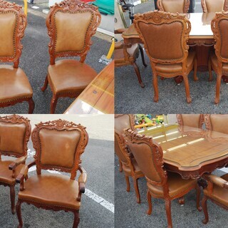 中古 アンティーク風 6人掛ダイニングテーブルセット 椅子脚難有り