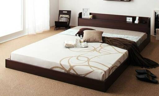 【未使用・訳アリ】シングルフロアベッド・棚コンセント付き・フレームのみ・ダークブラウン・12252