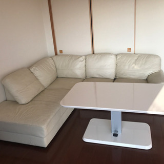 中古皮張カウチソファー&昇降テーブル