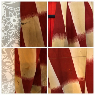 【少々難あり】昭和アンティーク着物［B］女児用？袷 朱と辛子色の斜め市松の画像