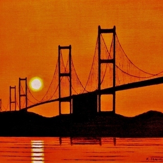 ★夕日と瀬戸大橋 ・谷村一男作・肉筆油彩画・F6・新品額付(送料無料） ☆夕日と瀬戸大橋 ・谷村一男作・肉筆油彩画・F6・新品額付(送料