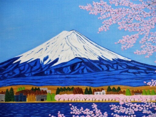 ★富士山と桜・谷村一男作・肉筆油彩画・F6・新品額付