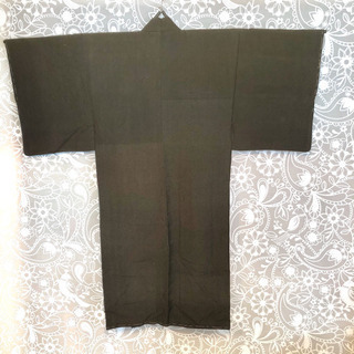 昭和アンティーク着物［P］男性用 袷の紬 チャコールグレーの無地×紺の裏地の画像
