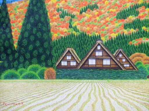 ★紅葉の白川郷・谷村一男作・肉筆油彩画・4つ切・新品額付