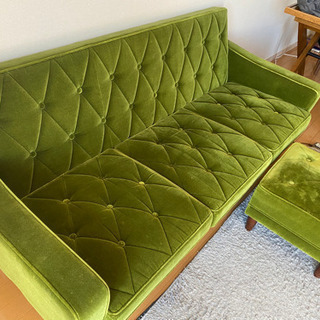 カリモク60 三人掛けソファ オットマン付 モケットグリーン