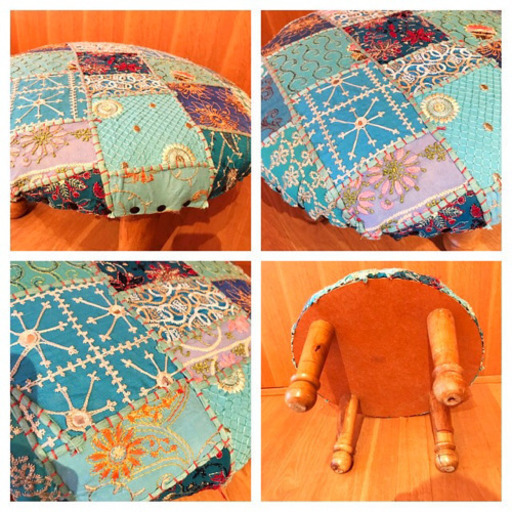 インド刺繍ザリ刺繍スツールオットマン丸椅子アジア家具エスニック家具