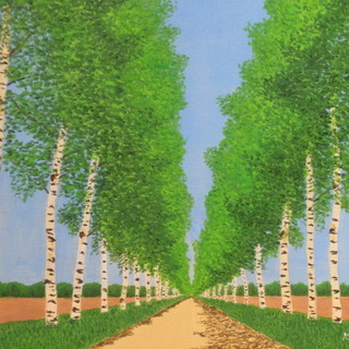 ★白樺並木・谷村一男作・肉筆油彩画・4つ切・新品額付 ☆白樺並木・谷村一男作・肉筆油彩画・4つ切・新品額付