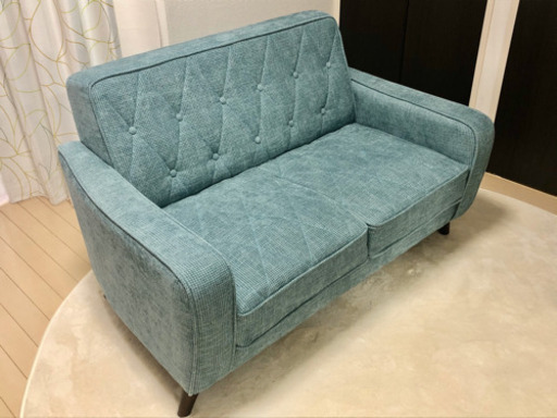 ★美品★引取限定-北欧調 ファブリック 木脚 2P コンパクトソファ