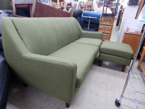 ソファ 3人掛け ノーチェ ファブリック オットマン付き HY2694 グリーン 木脚 肘付き 3シーター 北欧 カウチ 長椅子 ペイペイ対応 札幌市西区西野