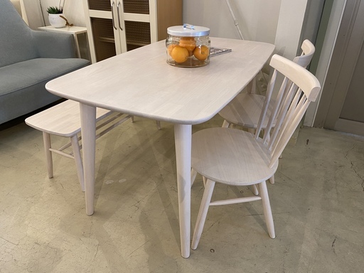 ニトリ ダイニングテーブルセット テーブル チェア ベンチ 4点セット 白 中古品