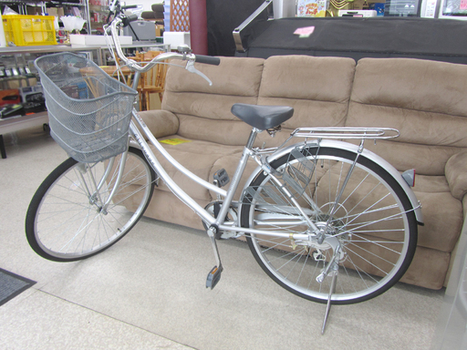 26インチ 自転車 6段切替付き 荷台 カゴ付き シティサイクル ママチャリ シルバー 通勤通学 ☆ PayPay(ペイペイ)決済可能 ☆ 札幌市 北区 屯田