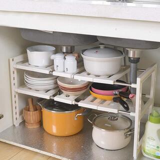 シンク下伸縮棚 台所収納 すきま収納 収納2段 洗面ラック フリーラック伸縮タイプ組立式 ホワイト2段 簡単組立 排水トラップを避けて スペースラックの画像