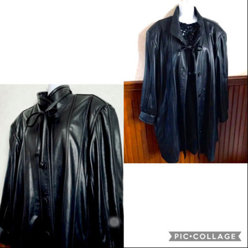 ✨たっぷり大きめ✨伊太利屋✨本革の様な肌触り品の良いお洒落ブラックリボンコート✨