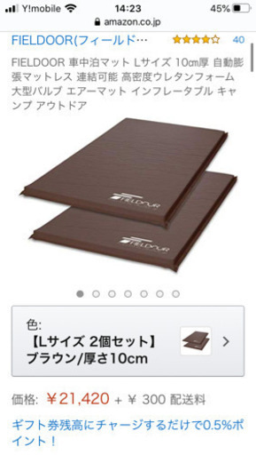 キャンプマット　フィールドア　インフレータブルマット10センチL２枚セット