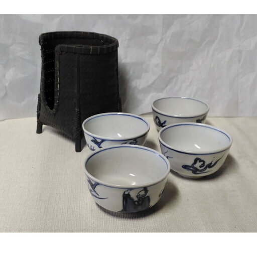 c684 煎茶碗 4客 碗筒入り 唐物 古染付 碗筒 中国陶磁 明末清初