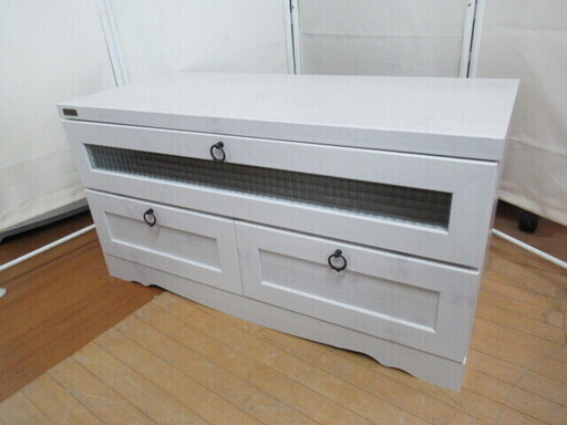 J995/テレビ台/テレビボード/収納家具/ガラス扉/前開き/引き出し/ナチュラルホワイト/中古品/