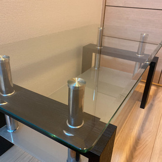 [幅110] ガラステーブル　棚付き オープン収納 異素材MIX ローテーブルの画像