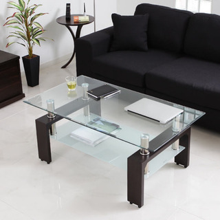 [幅110] ガラステーブル　棚付き オープン収納 異素材MIX ローテーブルの画像