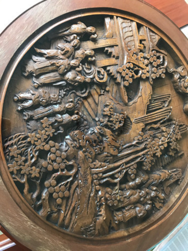 中国美術品 円形彫刻机（椅子付） ガラス入