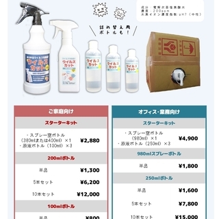 コロナ・インフルエンザ等のあらゆるウイルス対策に！　電解次亜塩素酸水　『ウイルスカット』 業務用980mlボトルの画像