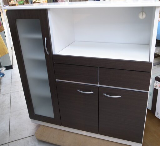 一生紀 キッチンボード レンジ台 食器棚 ブラウン×ホワイト ISSEIKI  【モノ市場 知立店 №20】