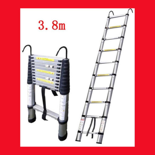 【新品 未使用】伸縮はしご 最長2M〜5M 耐荷重150kg アルミ 梯子 3.8Mフック付き