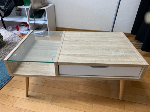 ガラス天板木製ローテーブル　両面引出し可能