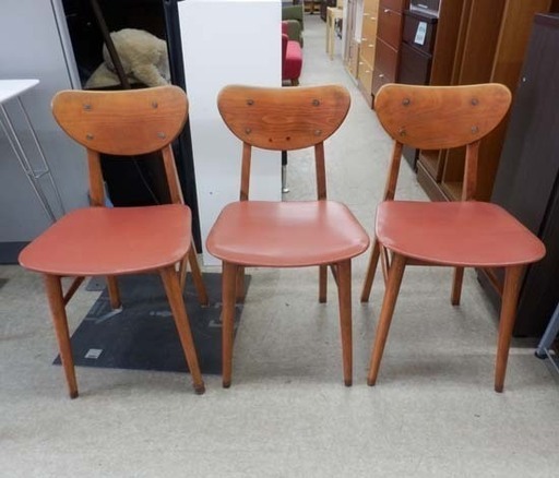 ダイニングチェア 3脚セット 秋田木工 レトロ 座面赤 可愛い ヴィンテージ イス 椅子 ペイペイ対応 札幌市西区西野